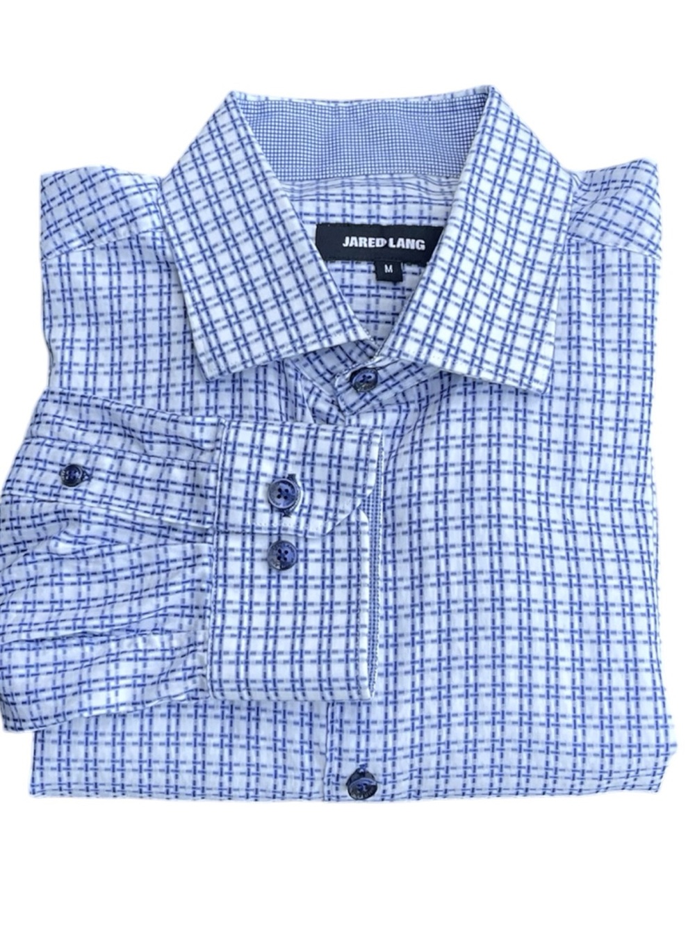 Jared Lang White/Blue Cotton Slim Fit Crosshatch Windowpane Dress Shirt (M)
